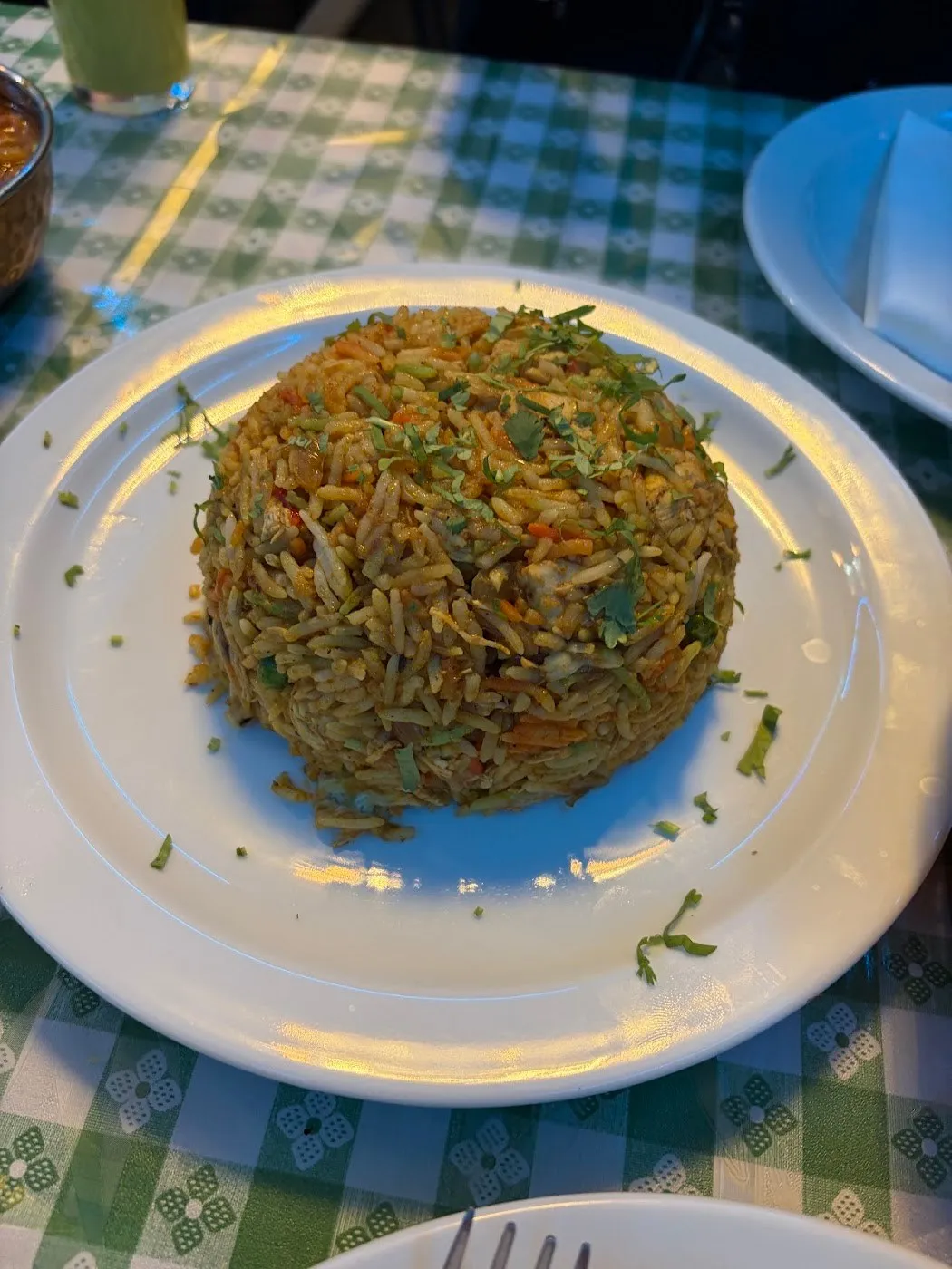 Cúpula de arroz biryani en un plato blanco, sobre un mantel de cuadros